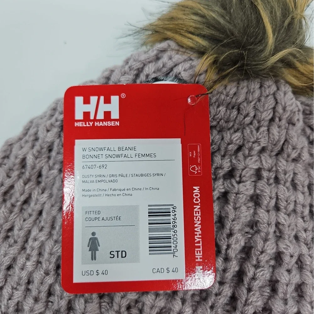 Helly Hansen Womens Dusty Purple Snowfall Faux Fur Lined Pom Pom Beanie NWT